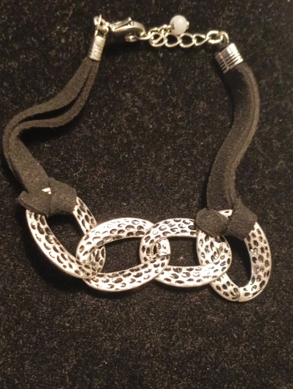Avon  8" Western Stars Silver Metal Links Statement Bracelet - Black Suede Cord